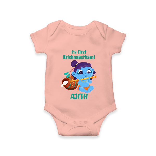 Krishna's Little Devotee My First Krishnashtami Romper/Onesie | Personalized Baby Outfit - PEACH - New Born (Chest 14")