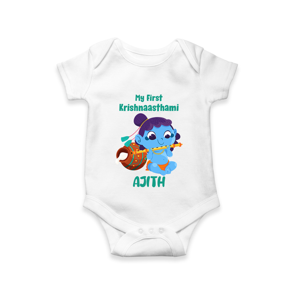 Krishna's Little Devotee My First Krishnashtami Romper/Onesie | Personalized Baby Outfit - WHITE - New Born (Chest 14")