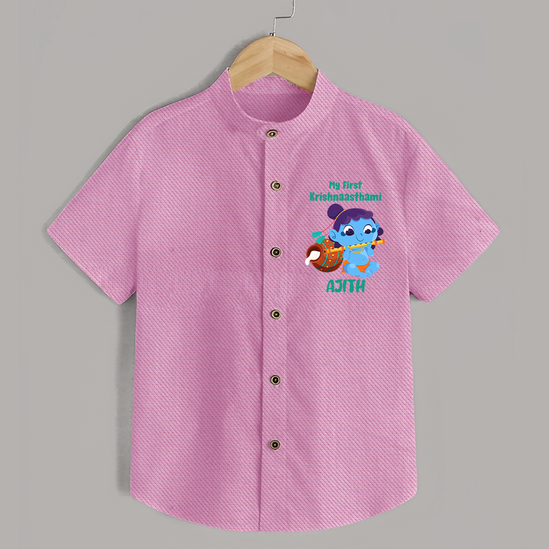 Krishna's Little Devotee My First Krishnashtami Shirt | Personalized Baby Outfit - BABY PINK - 0 - 6 Months Old (Chest 23")