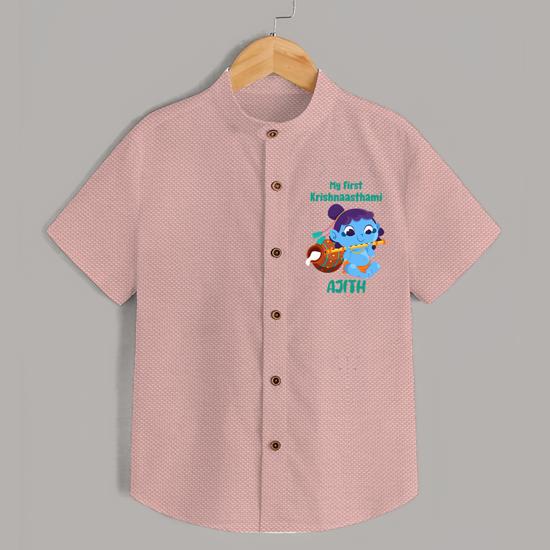 Krishna's Little Devotee My First Krishnashtami Shirt | Personalized Baby Outfit - PEACH - 0 - 6 Months Old (Chest 23")