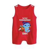 Krishna's Little Devotee My First Krishnashtami Romper Suit/Sleeveless Romper | Personalized Baby Outfit - RED - 0 - 5 Months Old (Chest 18")