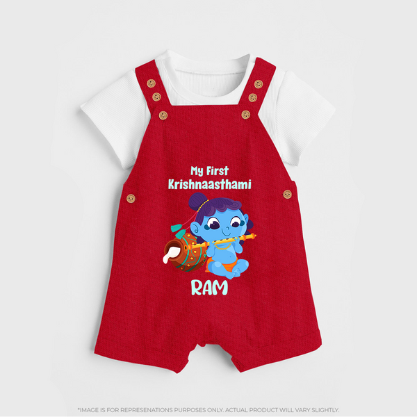 Krishna's Little Devotee My First Krishnashtami Dungaree Set | Personalized Baby Outfit - RED - 0 - 5 Months Old (Chest 18")
