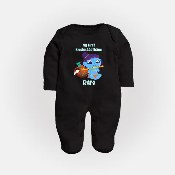 Krishna's Little Devotee My First Krishnashtami Sleep Suit/Full Sleeve Body Suit | Personalized Baby Outfit - BLACK - New Born (Chest 7.5")