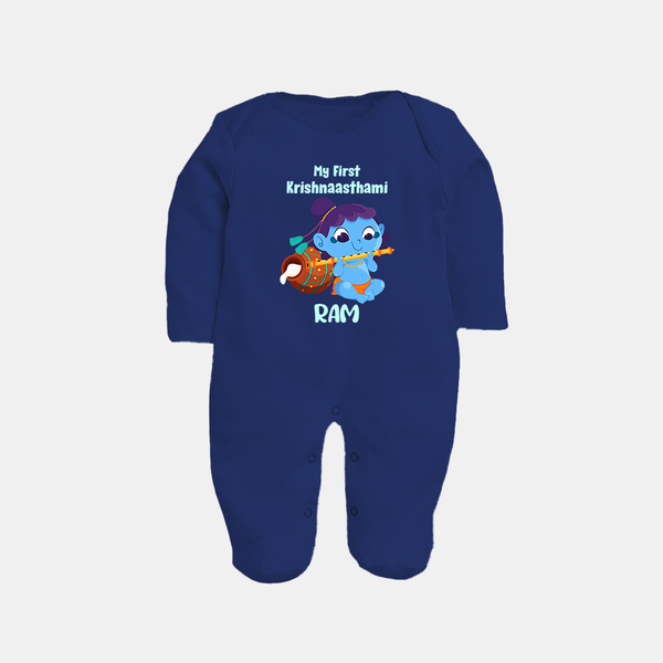 Krishna's Little Devotee My First Krishnashtami Sleep Suit/Full Sleeve Body Suit | Personalized Baby Outfit - NAVY BLUE - New Born (Chest 7.5")