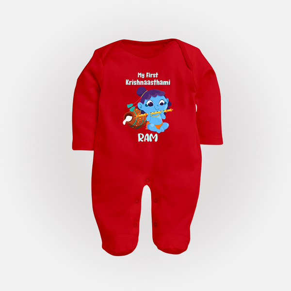 Krishna's Little Devotee My First Krishnashtami Sleep Suit/Full Sleeve Body Suit | Personalized Baby Outfit - RED - New Born (Chest 7.5")