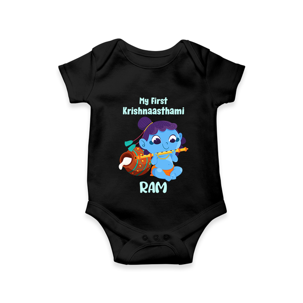 Krishna's Little Devotee My First Krishnashtami Romper/Onesie | Personalized Baby Outfit - BLACK - New Born (Chest 14")