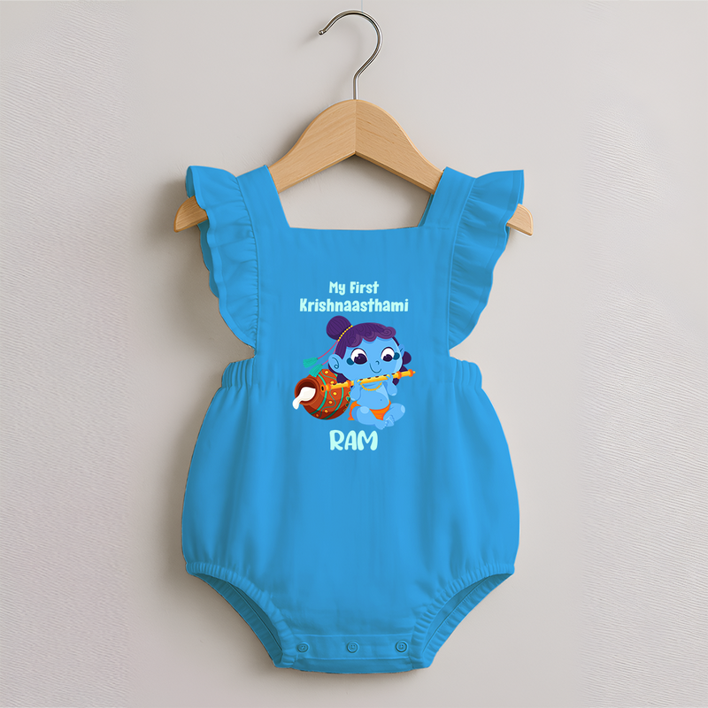 Krishna's Little Devotee My First Krishnashtami Romper Frock | Personalized Baby Outfit - SKY BLUE - 0 - 3 Months Old (Chest 19")