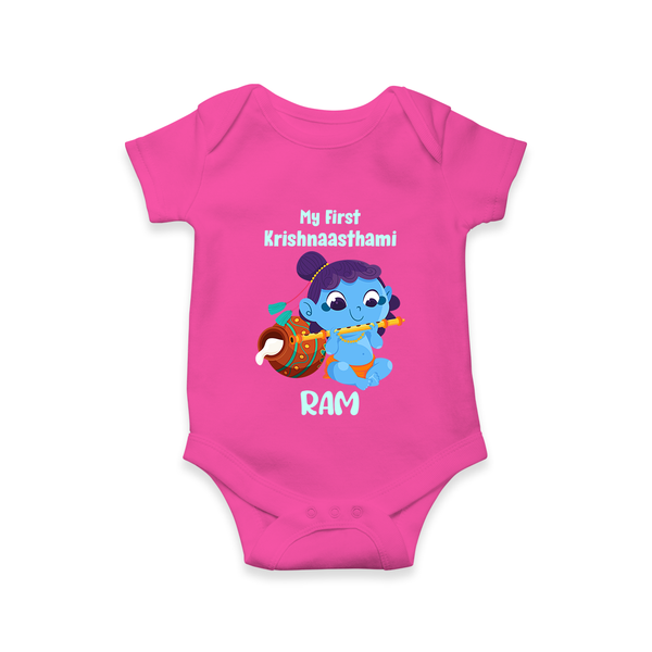 Krishna's Little Devotee My First Krishnashtami Romper/Onesie | Personalized Baby Outfit - HOT PINK - New Born (Chest 14")