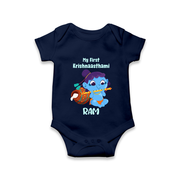 Krishna's Little Devotee My First Krishnashtami Romper/Onesie | Personalized Baby Outfit - NAVY BLUE - New Born (Chest 14")