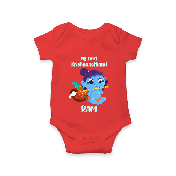 Krishna's Little Devotee My First Krishnashtami Romper/Onesie | Personalized Baby Outfit - RED - New Born (Chest 14")