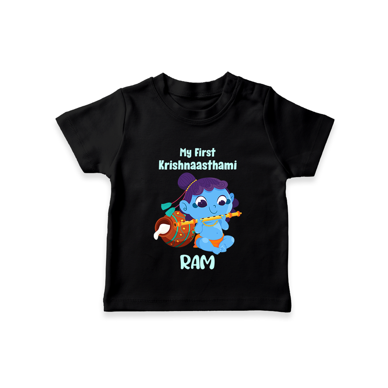 Krishna's Little Devotee My First Krishnashtami T-shirt | Personalized Baby Outfit - BLACK - 0-5 Months Old (Chest 17")