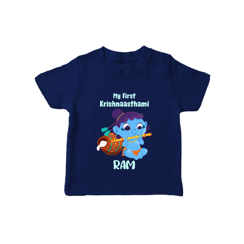 Krishna's Little Devotee My First Krishnashtami T-shirt | Personalized Baby Outfit - NAVY BLUE - 0-5 Months Old (Chest 17")