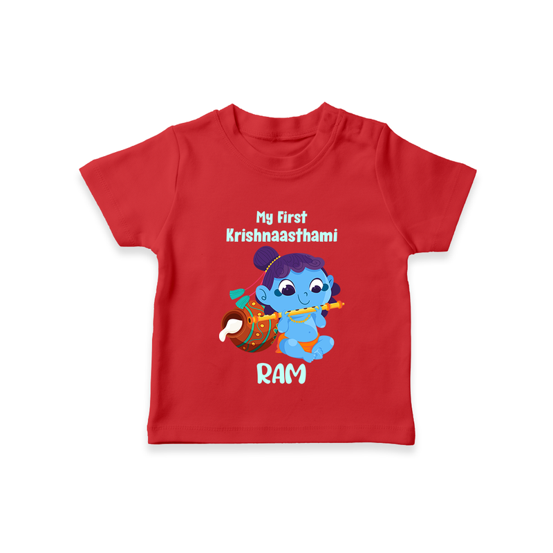 Krishna's Little Devotee My First Krishnashtami T-shirt | Personalized Baby Outfit - RED - 0-5 Months Old (Chest 17")