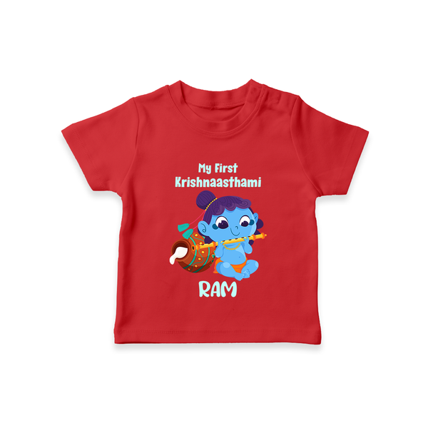 Krishna's Little Devotee My First Krishnashtami T-shirt | Personalized Baby Outfit - RED - 0-5 Months Old (Chest 17")