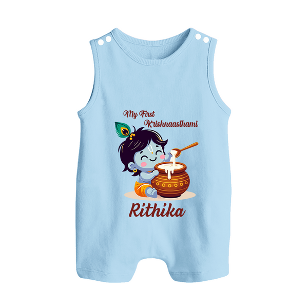 Krishna's Blessings My First Krishnashtami Romper Suit/Sleeveless Romper | Custom Personalized Baby Outfit - BABY BLUE - 0 - 5 Months Old (Chest 18")