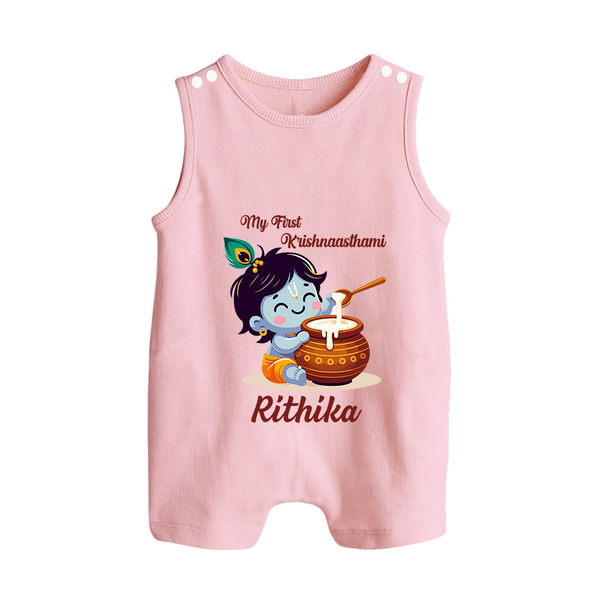 Krishna's Blessings My First Krishnashtami Romper Suit/Sleeveless Romper | Custom Personalized Baby Outfit - BABY PINK - 0 - 5 Months Old (Chest 18")