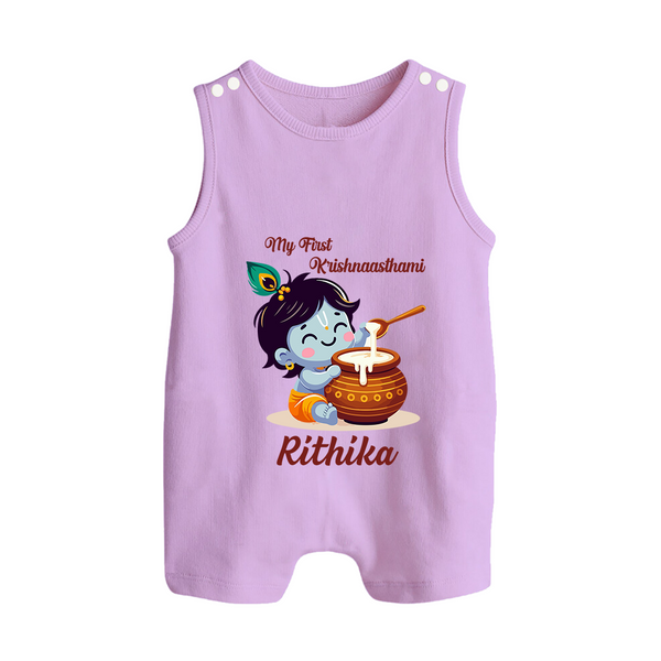 Krishna's Blessings My First Krishnashtami Romper Suit/Sleeveless Romper | Custom Personalized Baby Outfit - LILAC - 0 - 5 Months Old (Chest 18")