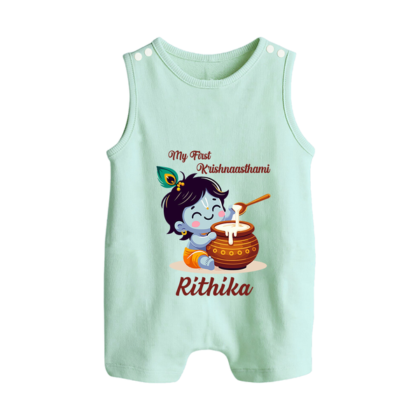 Krishna's Blessings My First Krishnashtami Romper Suit/Sleeveless Romper | Custom Personalized Baby Outfit - MINT GREEN - 0 - 5 Months Old (Chest 18")