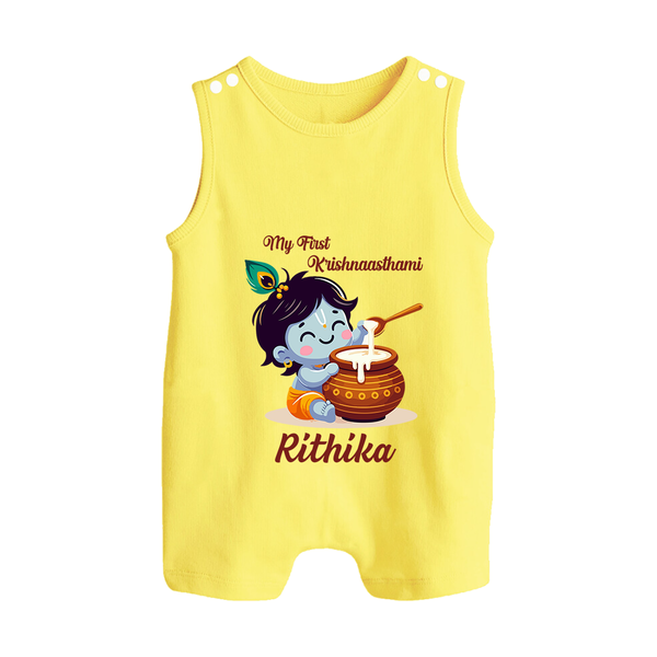 Krishna's Blessings My First Krishnashtami Romper Suit/Sleeveless Romper | Custom Personalized Baby Outfit - PASTEL YELLOW - 0 - 5 Months Old (Chest 18")
