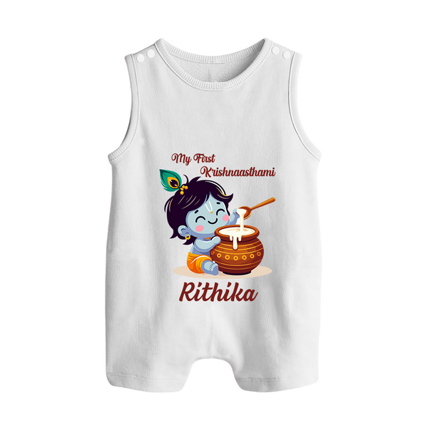 Krishna's Blessings My First Krishnashtami Romper Suit/Sleeveless Romper | Custom Personalized Baby Outfit - WHITE - 0 - 5 Months Old (Chest 18")