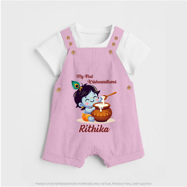 Krishna's Blessings My First Krishnashtami Dungaree Set | Custom Personalized Baby Outfit - BABY PINK - 0 - 5 Months Old (Chest 18")