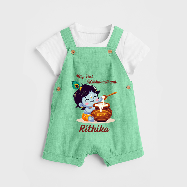 Krishna's Blessings My First Krishnashtami Dungaree Set | Custom Personalized Baby Outfit - GREEN - 0 - 5 Months Old (Chest 18")
