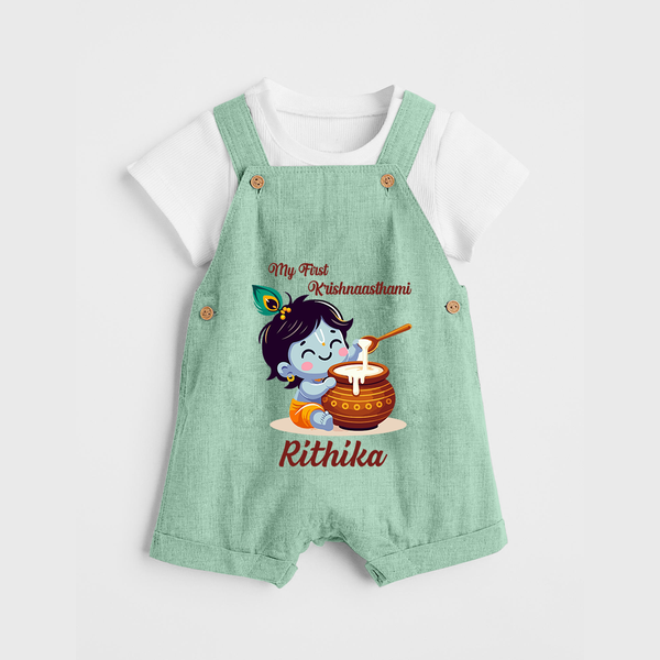 Krishna's Blessings My First Krishnashtami Dungaree Set | Custom Personalized Baby Outfit - MINT GREEN - 0 - 5 Months Old (Chest 18")