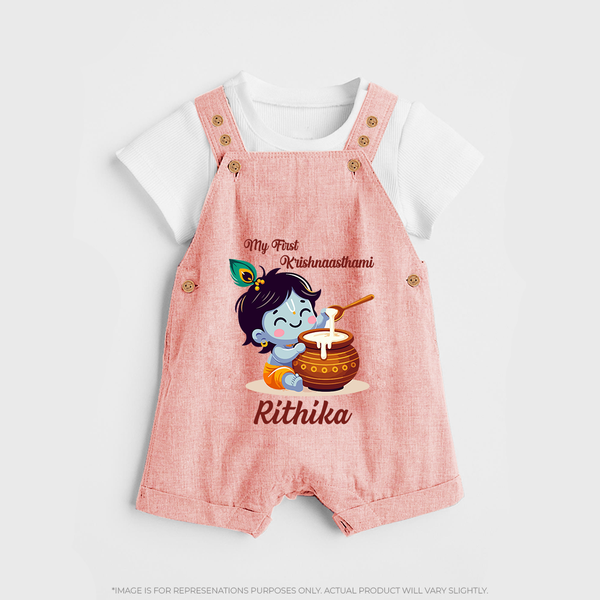 Krishna's Blessings My First Krishnashtami Dungaree Set | Custom Personalized Baby Outfit - PEACH - 0 - 5 Months Old (Chest 18")