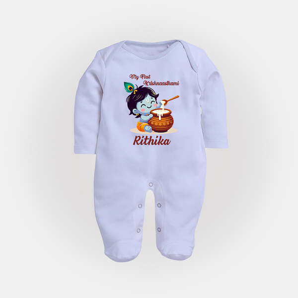 Krishna's Blessings My First Krishnashtami Sleep Suit/Full Sleeve Body Suit | Custom Personalized Baby Outfit - BABY BLUE - New Born (Chest 7.5")