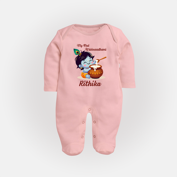 Krishna's Blessings My First Krishnashtami Sleep Suit/Full Sleeve Body Suit | Custom Personalized Baby Outfit - BABY PINK - New Born (Chest 7.5")