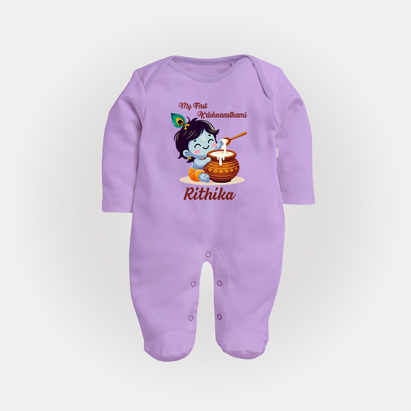 Krishna's Blessings My First Krishnashtami Sleep Suit/Full Sleeve Body Suit | Custom Personalized Baby Outfit - LILAC - New Born (Chest 7.5")
