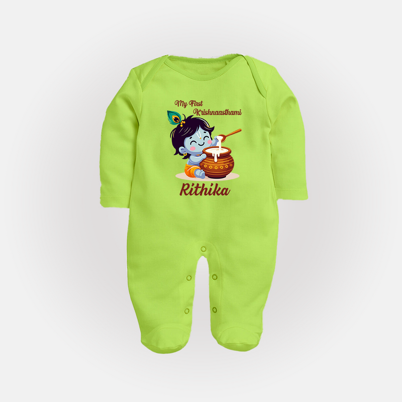 Krishna's Blessings My First Krishnashtami Sleep Suit/Full Sleeve Body Suit | Custom Personalized Baby Outfit - LIME GREEN - New Born (Chest 7.5")