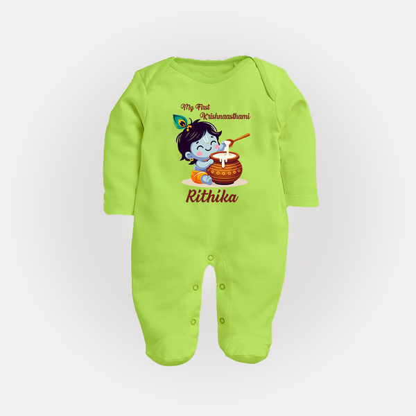 Krishna's Blessings My First Krishnashtami Sleep Suit/Full Sleeve Body Suit | Custom Personalized Baby Outfit - LIME GREEN - New Born (Chest 7.5")