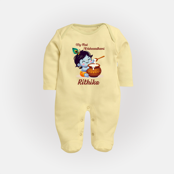 Krishna's Blessings My First Krishnashtami Sleep Suit/Full Sleeve Body Suit | Custom Personalized Baby Outfit - PASTEL YELLOW - New Born (Chest 7.5")