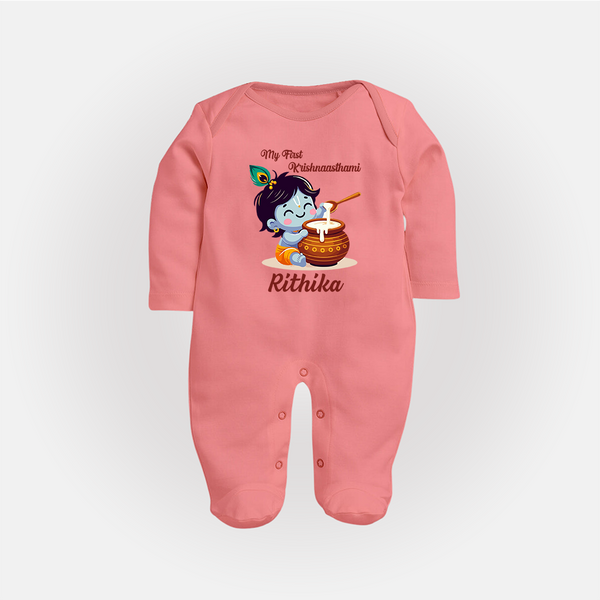Krishna's Blessings My First Krishnashtami Sleep Suit/Full Sleeve Body Suit | Custom Personalized Baby Outfit - PEACH - New Born (Chest 7.5")