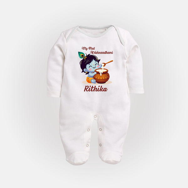 Krishna's Blessings My First Krishnashtami Sleep Suit/Full Sleeve Body Suit | Custom Personalized Baby Outfit - WHITE - New Born (Chest 7.5")
