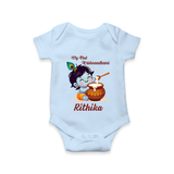 Krishna's Blessings My First Krishnashtami Romper/Onesie | Custom Personalized Baby Outfit - BABY BLUE - New Born (Chest 14")