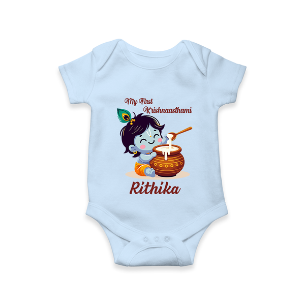 Krishna's Blessings My First Krishnashtami Romper/Onesie | Custom Personalized Baby Outfit - BABY BLUE - New Born (Chest 14")