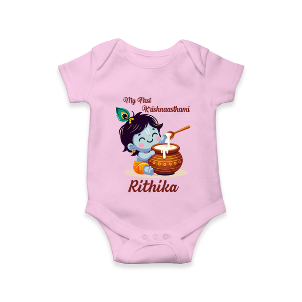 Krishna's Blessings My First Krishnashtami Romper/Onesie | Custom Personalized Baby Outfit - BABY PINK - New Born (Chest 14")