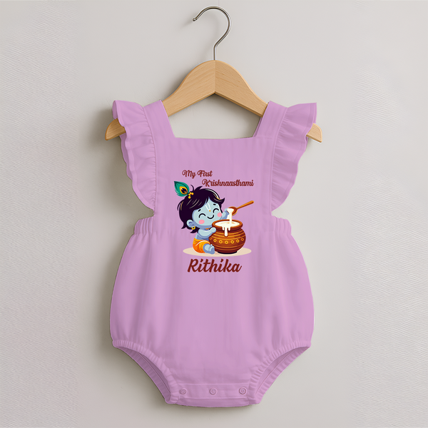 Krishna's Blessings My First Krishnashtami Romper Frock | Custom Personalized Baby Outfit - BABY PINK - 0 - 3 Months Old (Chest 19")