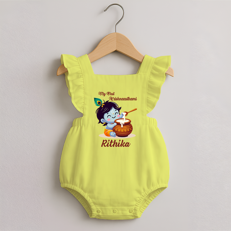 Krishna's Blessings My First Krishnashtami Romper Frock | Custom Personalized Baby Outfit - PASTEL YELLOW - 0 - 3 Months Old (Chest 19")