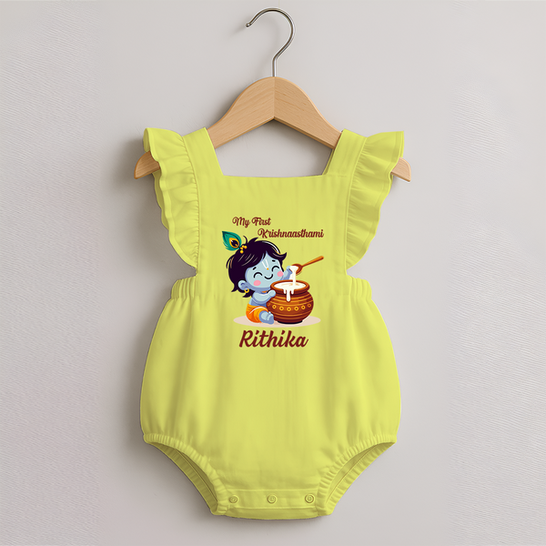 Krishna's Blessings My First Krishnashtami Romper Frock | Custom Personalized Baby Outfit - PASTEL YELLOW - 0 - 3 Months Old (Chest 19")