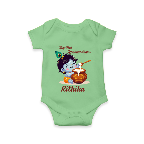 Krishna's Blessings My First Krishnashtami Romper/Onesie | Custom Personalized Baby Outfit - GREEN - New Born (Chest 14")