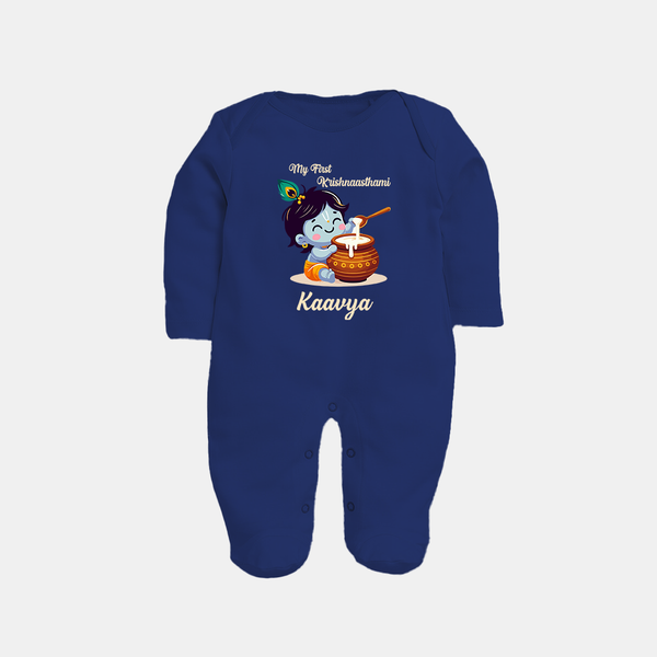 Krishna's Blessings My First Krishnashtami Sleep Suit/Full Sleeve Body Suit | Custom Personalized Baby Outfit - NAVY BLUE - New Born (Chest 7.5")