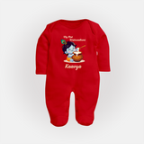 Krishna's Blessings My First Krishnashtami Sleep Suit/Full Sleeve Body Suit | Custom Personalized Baby Outfit - RED - New Born (Chest 7.5")