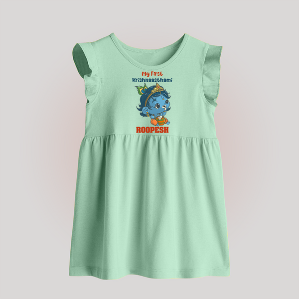 My First Krishnashtami Festive Baby Frock | Personalized Baby Baby Frock for Krishna's Birth - MINT GREEN - 0 - 3 Months Old (Chest 17")