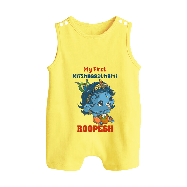 My First Krishnashtami Festive Romper Suit/Sleeveless Romper | Personalized Baby Romper Suit/Sleeveless Romper for Krishna's Birth - PASTEL YELLOW - 0 - 5 Months Old (Chest 18")