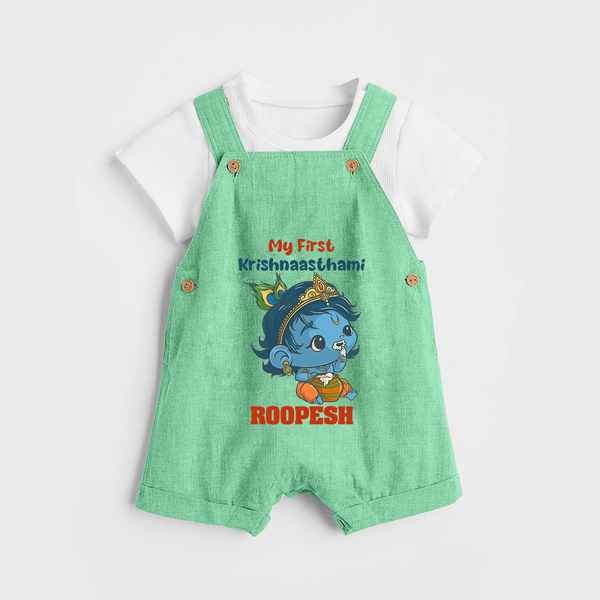 My First Krishnashtami Festive Dungaree Set | Personalized Baby Dungaree Set for Krishna's Birth - GREEN - 0 - 5 Months Old (Chest 18")
