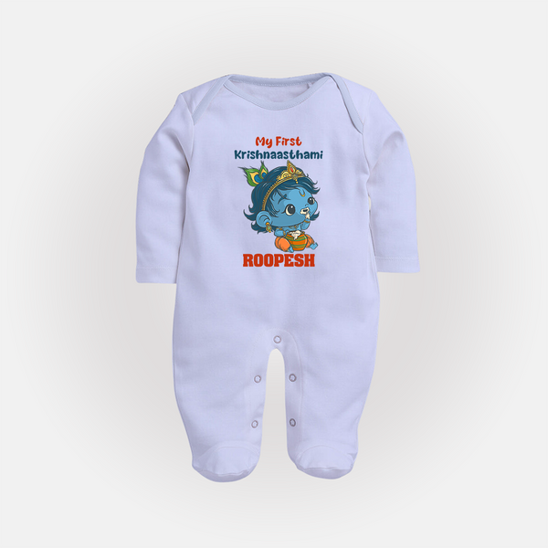 My First Krishnashtami Festive Sleep Suit/Full Sleeve Body Suit | Personalized Baby Sleep Suit/Full Sleeve Body Suit for Krishna's Birth - BABY BLUE - New Born (Chest 7.5")