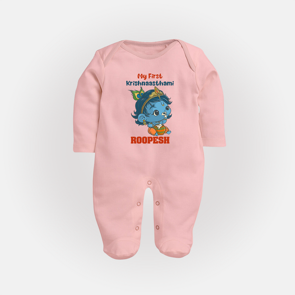 My First Krishnashtami Festive Sleep Suit/Full Sleeve Body Suit | Personalized Baby Sleep Suit/Full Sleeve Body Suit for Krishna's Birth - BABY PINK - New Born (Chest 7.5")